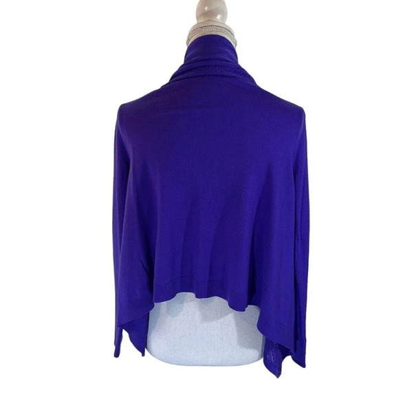 Elle Tahari Merino Wool Purple Open Cardigan Sweater Medium Crochet Trim Draped - Picture 3 of 9